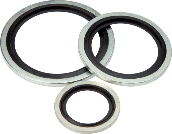 Exemplary representation: Hydraulic sealing ring with elastomer insert, self-reducing, (galvanised steel / NBR)